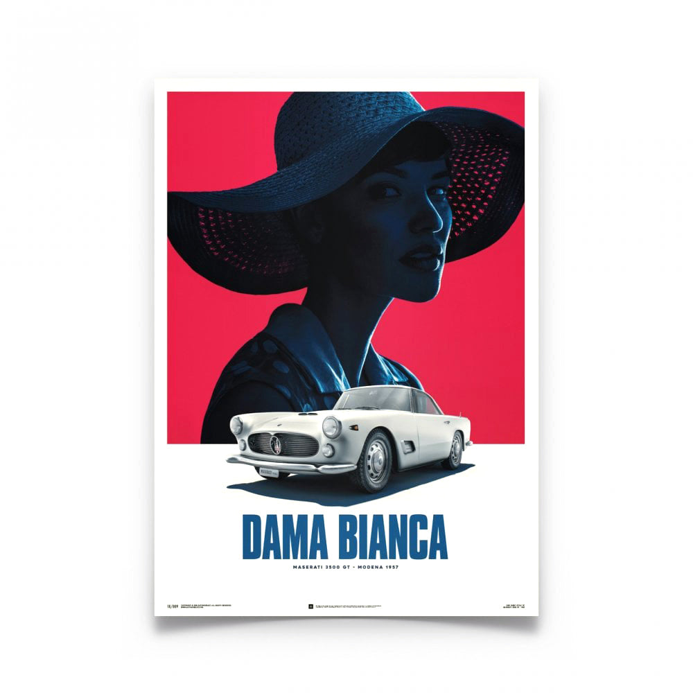 Automobilist Maserati 3500 GT White Dama Bianca 1957 Classic Car Poster 50 x 70cm