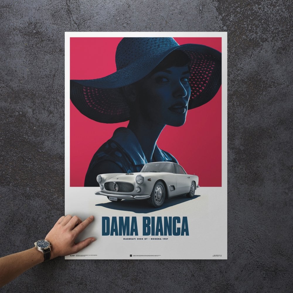 Automobilist Maserati 3500 GT White Dama Bianca 1957 Classic Car Poster 50 x 70cm