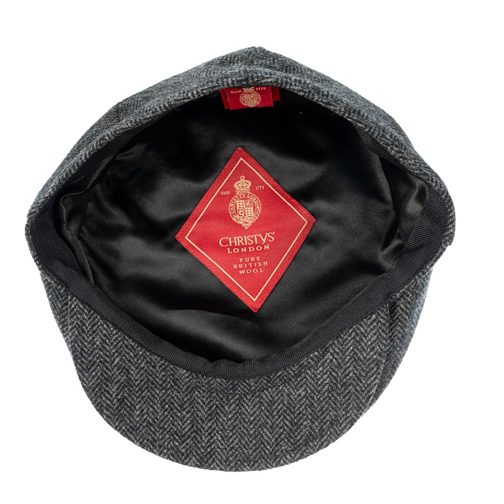 Christy's Hats Balmoral Flat Driver Cap Herringbone Tweed GREY/BLACK