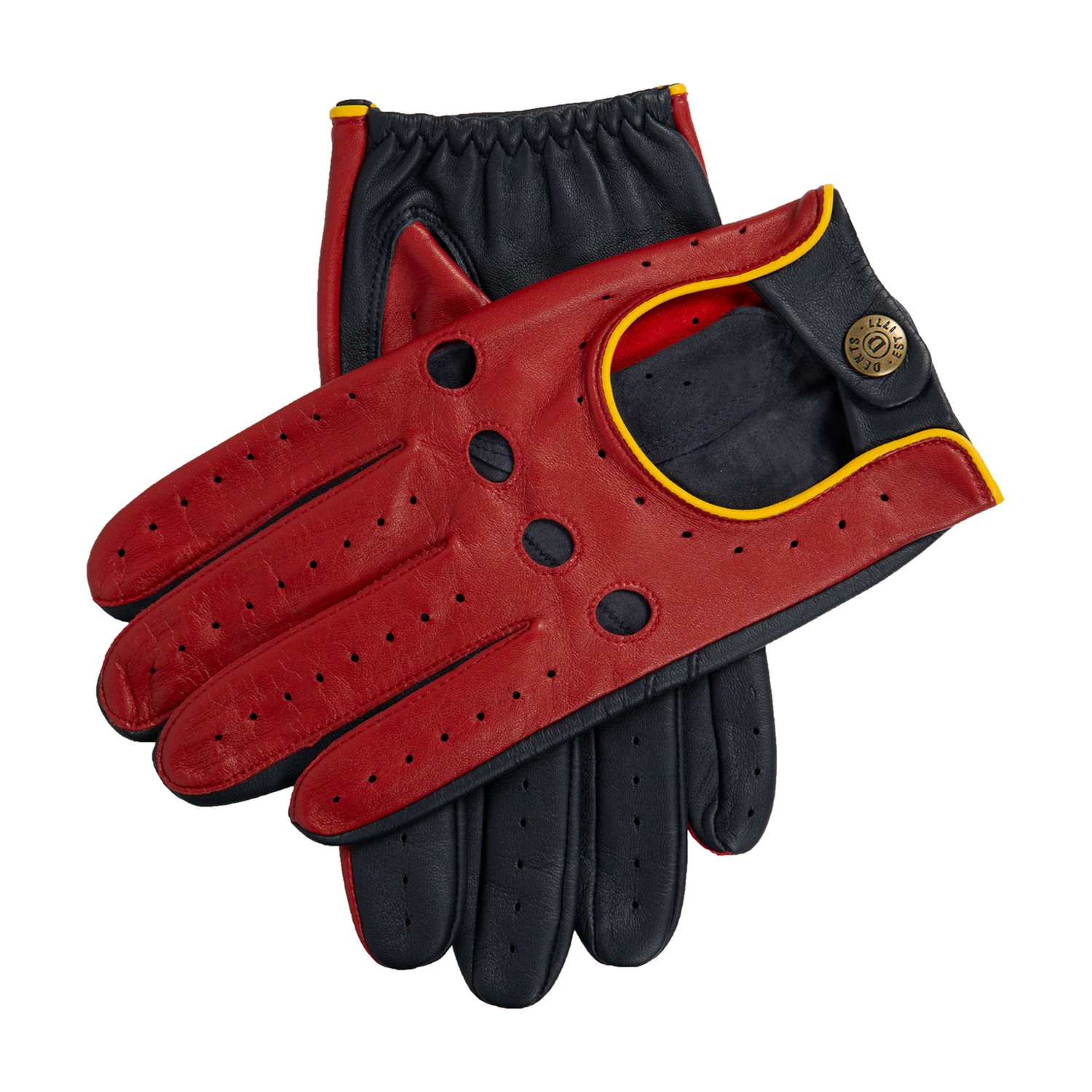 Dents Grand Prix Men's Touchscreen Leather Driving Gloves BERRY/NAVY/YELLOW