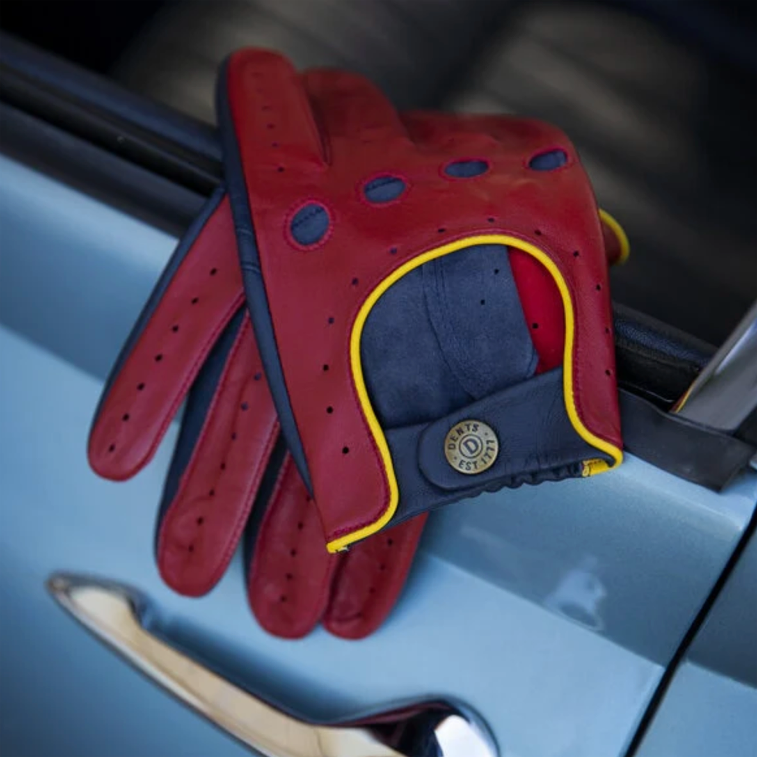 Dents Grand Prix Men's Touchscreen Leather Driving Gloves BERRY/NAVY/YELLOW