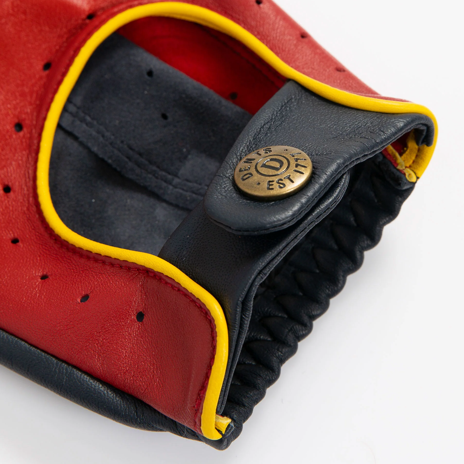 Dents Grand Prix Men's Touchscreen Leather Driving Gloves BERRY/NAVY/YELLOW