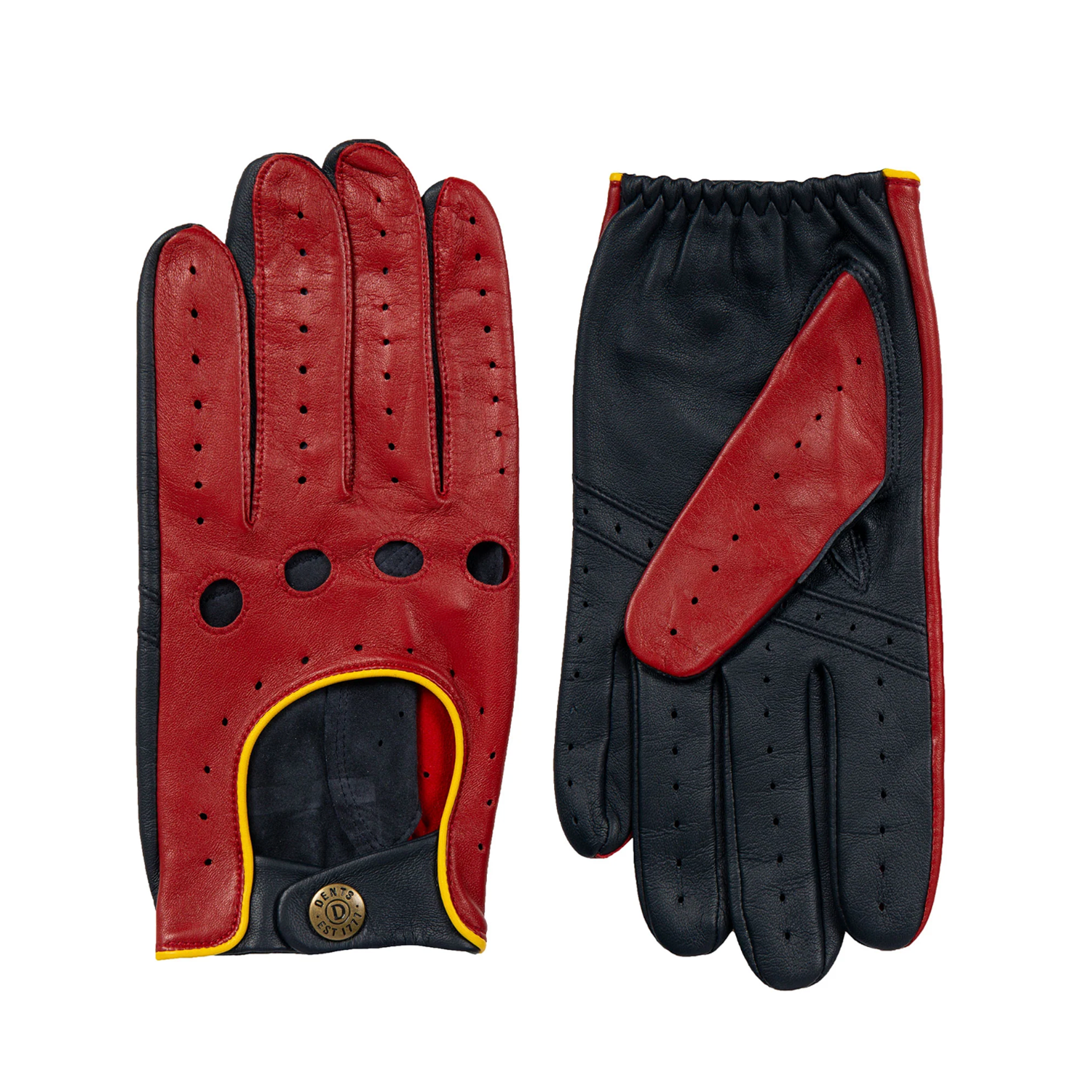 Dents Grand Prix Men's Touchscreen Leather Driving Gloves BERRY/NAVY/YELLOW
