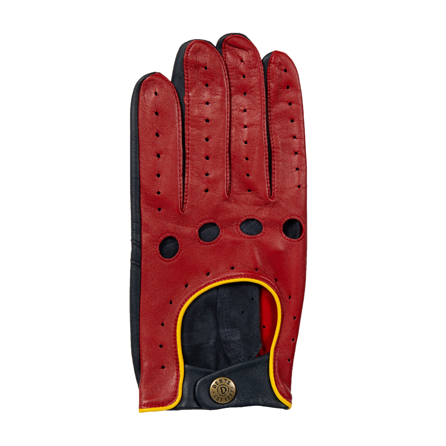 Dents Grand Prix Men's Touchscreen Leather Driving Gloves BERRY/NAVY/YELLOW