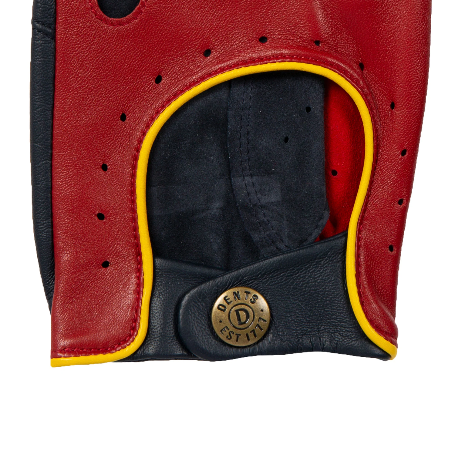 Dents Grand Prix Men's Touchscreen Leather Driving Gloves BERRY/NAVY/YELLOW